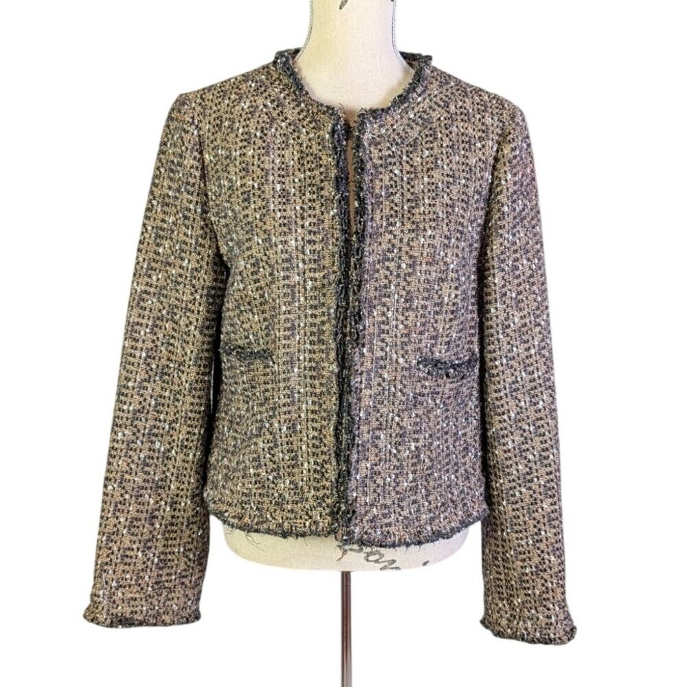 Tory Burch Size 14 Metallic Tweed Boucle Fringe Collarless Jacket